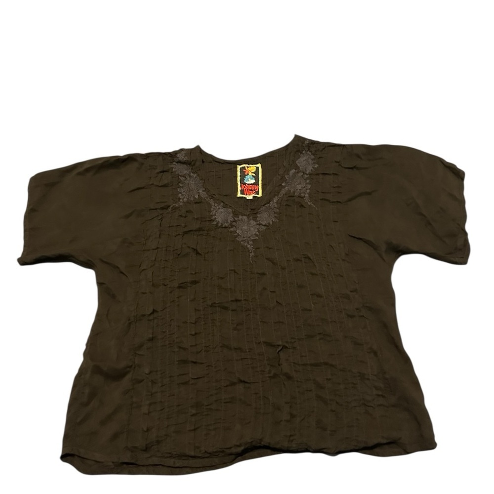 Johnny Was Dark Brown Embroidered V-Neck Tunic,Sz M, pre-owned